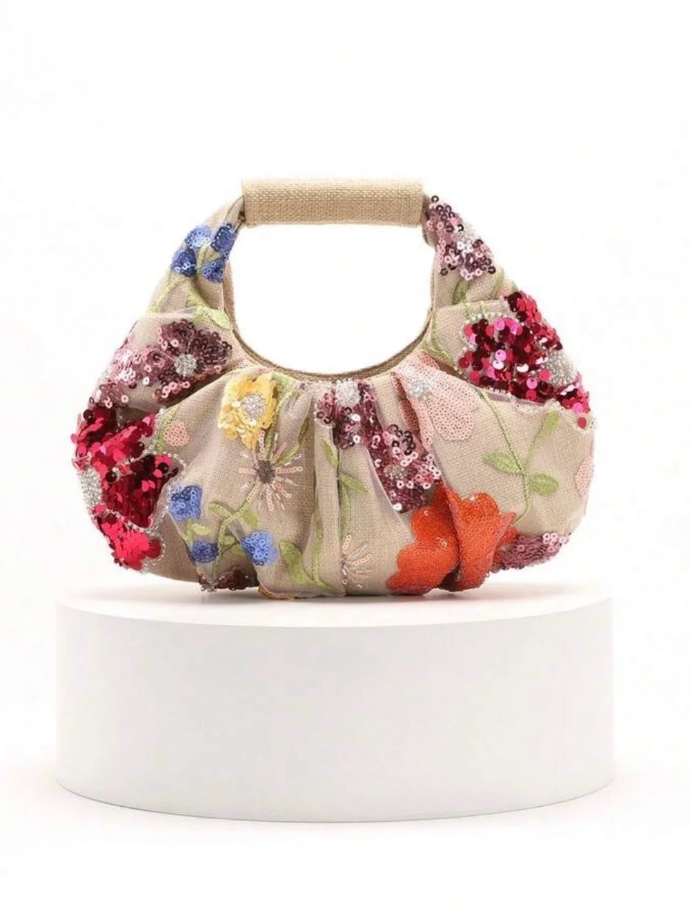 NEW Sequin Floral Embroidered Beige Shoulder Bag